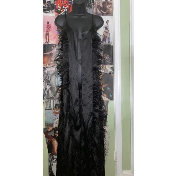 Black Fab Luxe Satin Ostrich Feather Open Front Duster Top - Picture 6 of 7